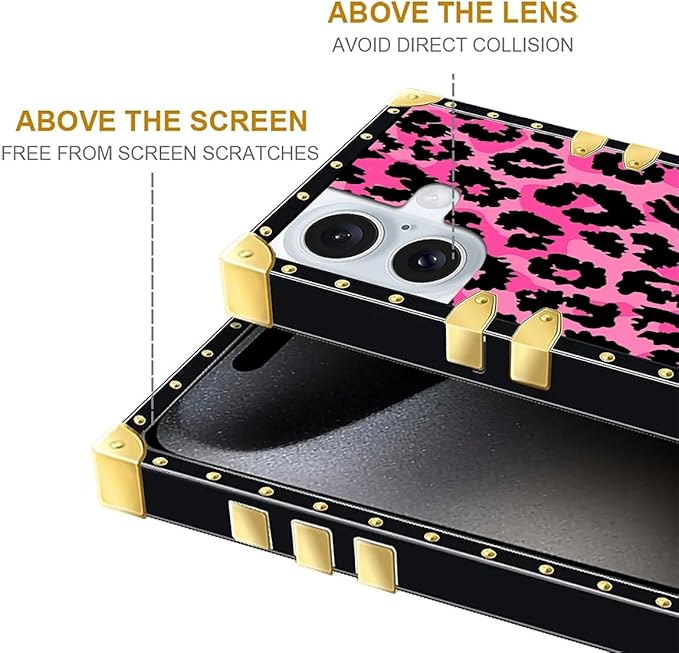 Compatible with iPhone 16 Plus Case, Pink Black Leopard Luxury Golden Decoration for Girl Women Soft TPU Shockproof Protective Hard PC Back