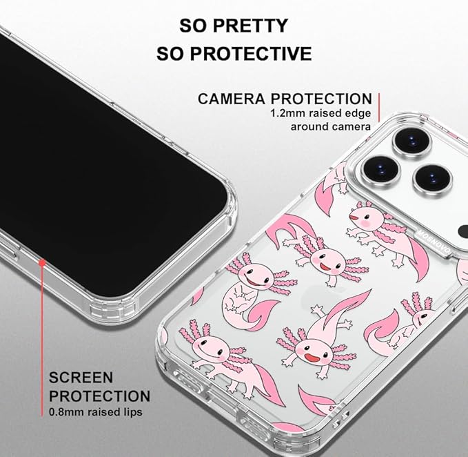 MOSNOVO for iPhone 17 Pro Case | Military Grade 6.6ft Drop Tested | Camera Control | Clear with Pink Axolotl Design