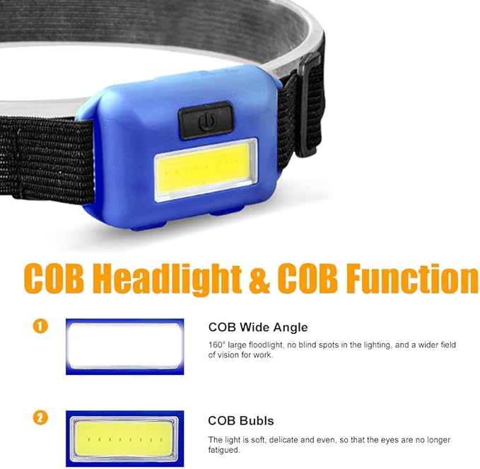 8 Pack Led Headlamp for Adults and Kids, 1.1oz/31g COB Flood Light Ultra Bright Head Lamp with 3 Modes 24 AAA Batteries, Waterproof Work Flashlight for Family Camping Running Reading Hiking