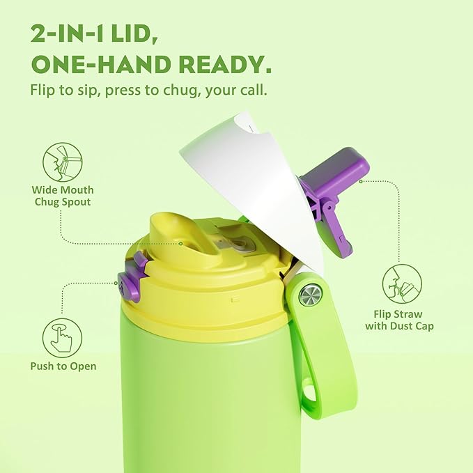 POWCAN 24 oz Insulated Water Bottle: 2-in-1 Push-Button Spout & Quick-Flip Straw, Leakproof, Cold 24Hrs, Lockable, Fits Car Cup Holder, Stainless Steel Cup for Sports, Travel, Daily Use (Scare School)
