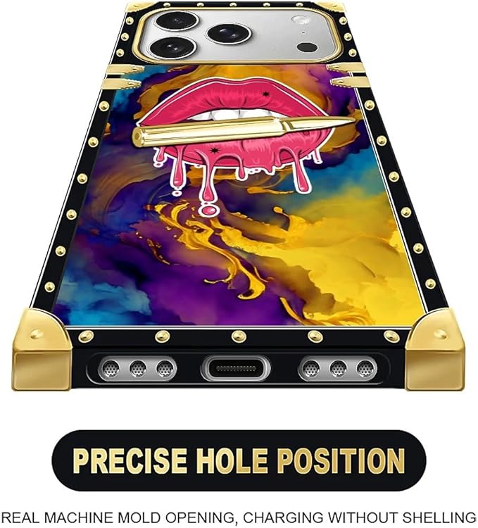 for iPhone 17 Pro Max Case Luxury Golden Decoration for Girl Women Soft TPU Shockproof Protective Hard PC Back for iPhone 17 Pro Max Crazy Pattern Cool Corlorful Lip Marble