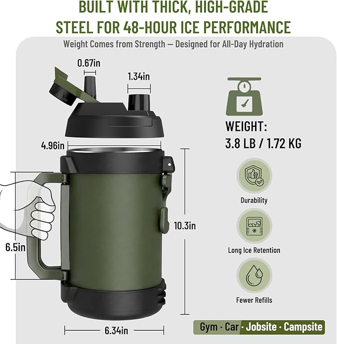 Hydraful Gallon Water Bottle, 128 oz Large Insulated Stainless Steel Sports Water Jug, Large Triple Wall Vacuum Insulation Water Bottle-Keeps Cold up to 48 Hrs-Sweat Proof, for Gym, Hiking & Camping