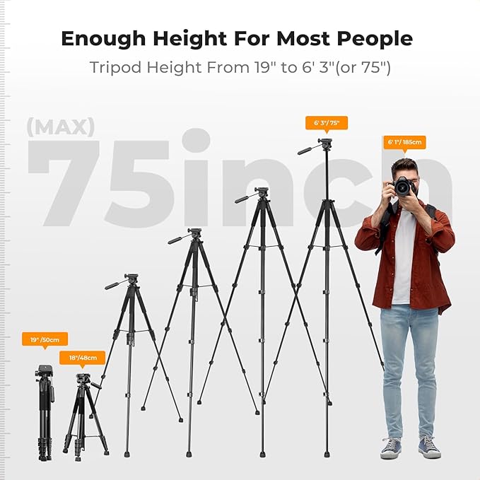 K&F CONCEPT Camera Tripod, 75" Lightweight Portable Travel Outdoor DSLR Tripods for Camera Phone Video Recording Tripod Stand, Cellphone Clip for Smartphone Live Streaming Vlog, Black