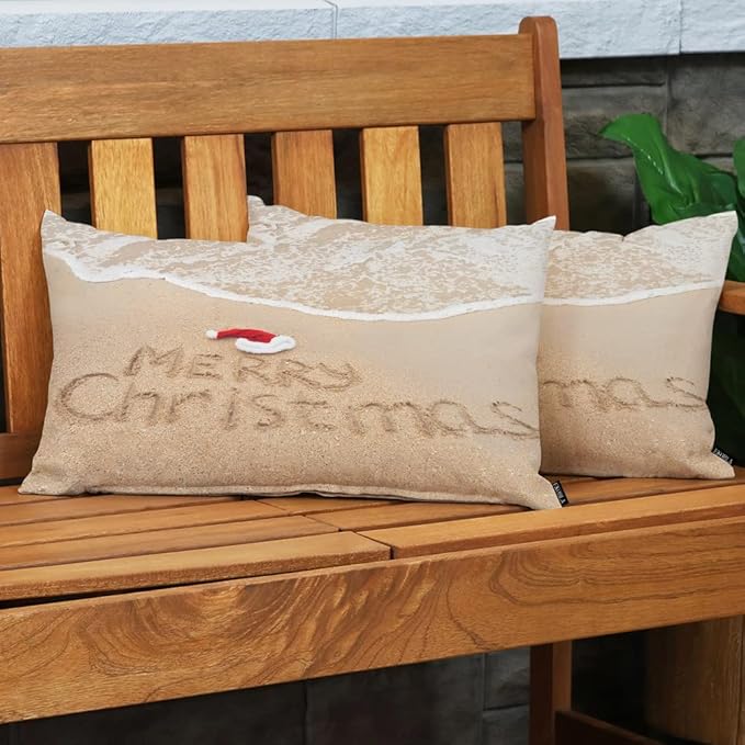 EKOBLA Merry Christmas Decorative Pillow Cushion Covers Xmas Quote Written On Tropical Beach Sand Oblong Rectangle Throw Pillow Cases for Sofa Bed Couch Cotton Linen 12x20 Inches