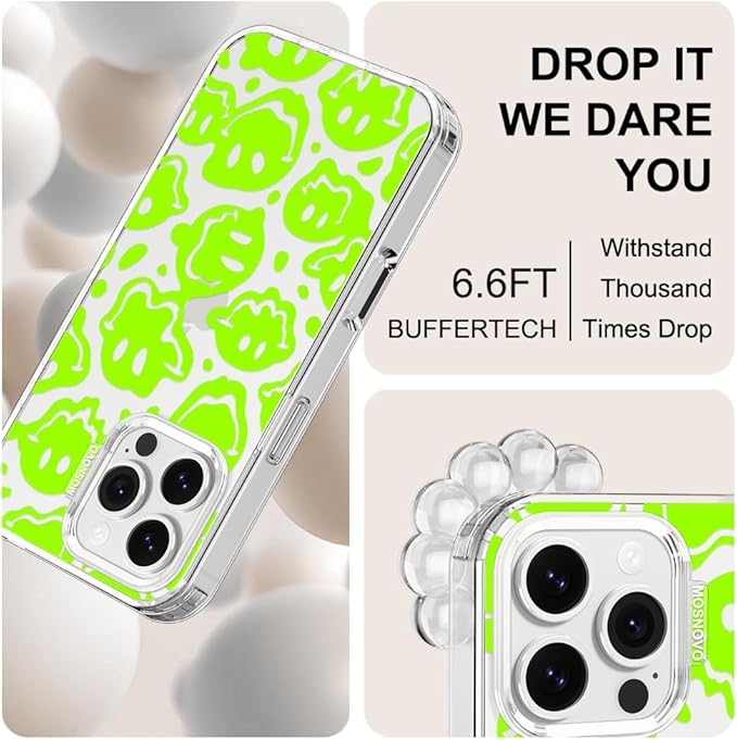 MOSNOVO Case for iPhone 16 Pro Max, [Buffertech 6.6ft Military-Grade Drop Protection] [Anti Peel Off Tech] Clear TPU Bumper Phone Case Cover Design - Distorted Green Smile Face
