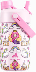 12 oz Kids Insulated Mermaid Water Bottle for School: 2-in-1 Straw Spout Lid, Leakproof, BPA-Free, Keep Cold 24H, Reusable Stainless Steel Cup, Birthday Gift for Girls Daughters (Rainbow Kingdom)