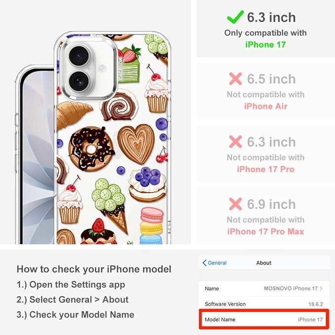 MOSNOVO for iPhone 17 Case, Shockproof Military-Grade Protection 6.6ft Drop Tested, Camera Control, Clear Phone Case for iPhone 17, Sweet Treats Design