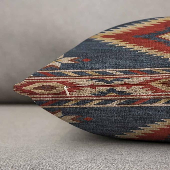 TKS MITLAN Southwest Diamond Blue Red Pillow Covers 12 x 20 Inch Indian Style on Blue Background Decorative Throw Pillow Covers Linen Cushion Case for Sofa Couch