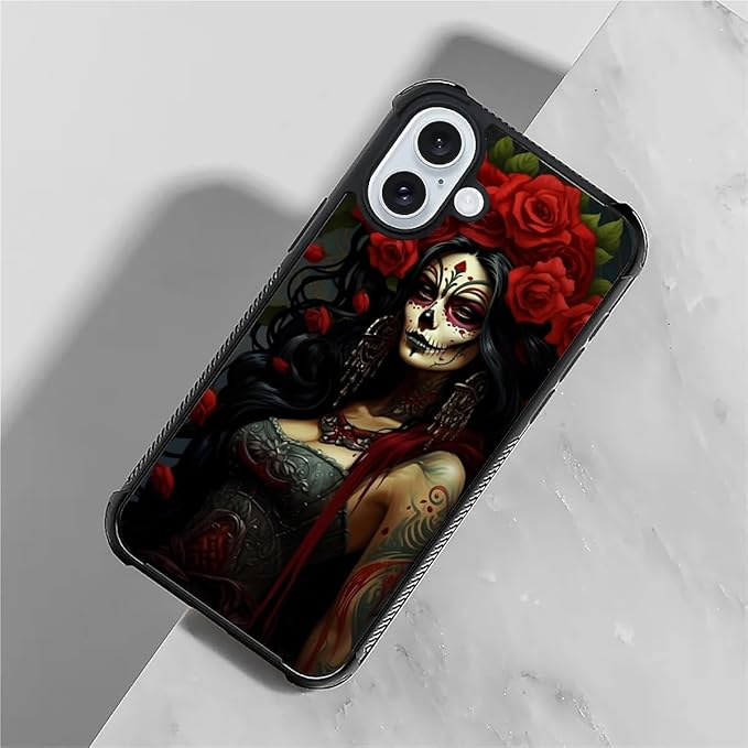 for iPhone 16 Case, Day of The Dead Halloween Woman Pattern Graphic Design Girl Boy Soft Silicone Hard Acrylic Shock Protection for iPhone 16