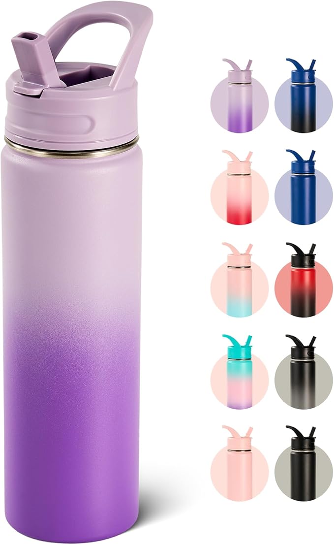 Fijinhom 24oz Insulated Stainless Steel Water Bottle with Straws, Double Wall Vacuum Insulated Bottles, Metal Thermo for Travel, Sports, Leak-Proof, BPA Free, Women & Men, Purple Gradient