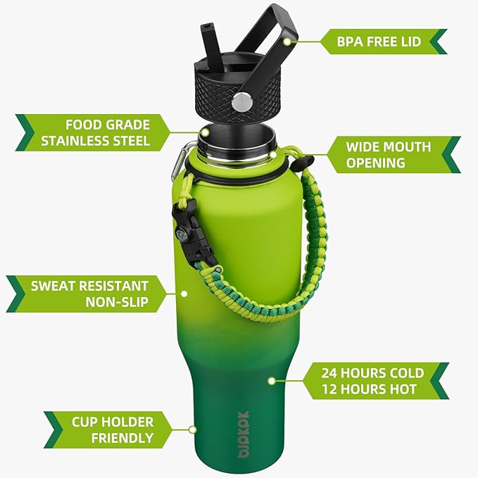 BJPKPK Insulated Water Bottles with Straw Lid, 35oz Metal Water Bottle with 2 lids & Paracord Strap, Double Wall Stainless Steel Vacuum Tumblers, Cups, Mugs, Thermo for Hot& Cold Drinks, Bamboo Grove