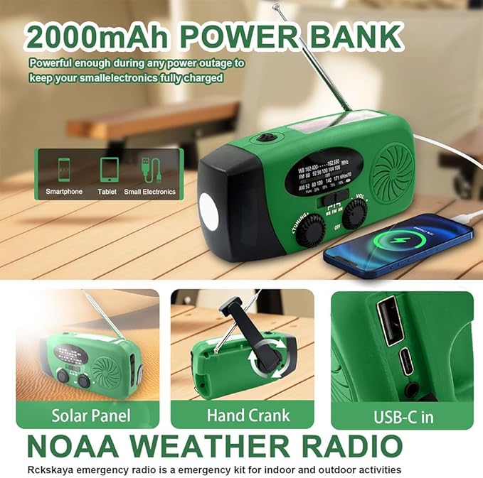 2000mAh/7400mWh Emergency Weather Radio with Flashlight, Hand Crank Radio Solar Power with AM FM NOAA, Rechargeable Battery, SOS Alarm, Headphone Jack, Compass for Survival Indoor/Outdoor Emergencies