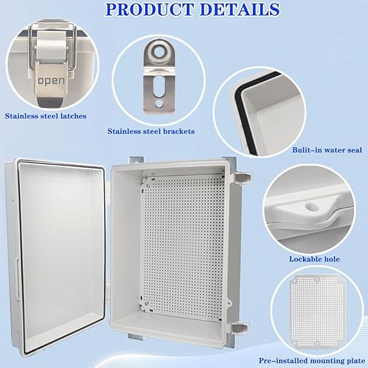 Waterproof Electrical Box Junction Box Weatherproof IP67 ABS Plastic Enclosure Switch Router Project Box Electronics DIY Enclosure With Mounting Plate and Wall Bracket Grey 15.7" x11.8" x7.1"