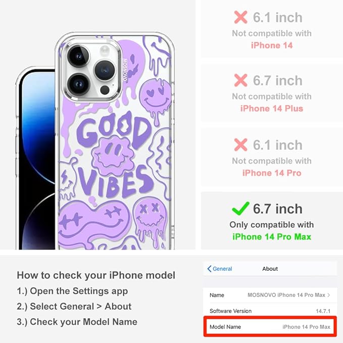 MOSNOVO Case for iPhone 14 Pro Max, [Buffertech 6.6ft Military-Grade Drop Protection] [Anti Peel Off Tech] Clear TPU Bumper Phone Case Cover Design - Good Vibes