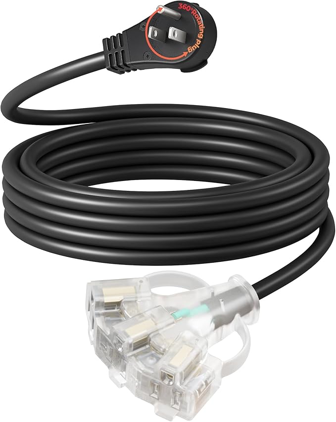 DEWENWILS 360° Rotating Flat Plug Extension Cord 15FT, 14/3 Gauge 3 Prong Grounded Power Cord, Lighted Triple Outlet Hook Design, 125V/15A/1875W, for Outdoor/Indoor, Black, ETL Listed