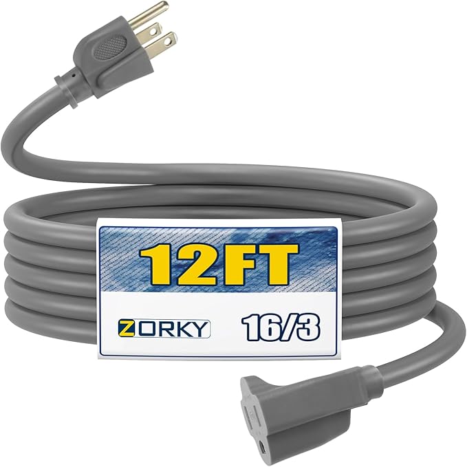 12ft Outdoor Extension Cord for Christmas Decorations - 16/3 Heavy Duty SJTW Waterproof Gray Electrical Cable with 3 Prong Grounded Plug for Safety, Great for Lawn and Major Appliances