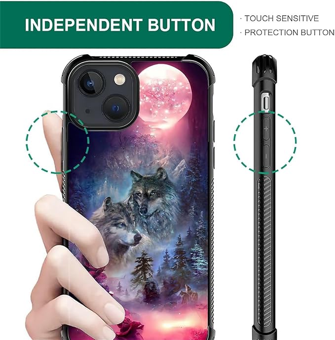 for iPhone 15 Case, Star Two Wolfs Howling Pattern Graphic Design Girl Boy Soft Silicone Hard Acrylic Shock Protection for iPhone 15