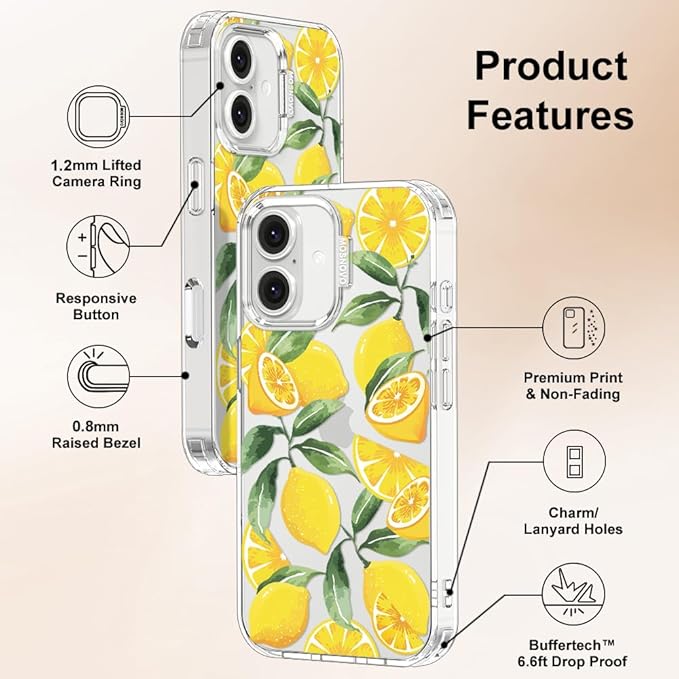 MOSNOVO Case for iPhone 16, [Buffertech 6.6ft Military-Grade Drop Protection] [Anti Peel Off Tech] Clear TPU Bumper Phone Case Cover Design - Lemon