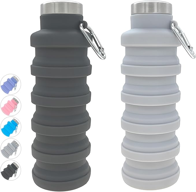 YCT Collapsible Water Bottle 17oz（500ml），Travel Portable Sport Water Bottle，Reusable Silicone Foldable Water Bottles for Gym Camping Hiking (Black+Grey)