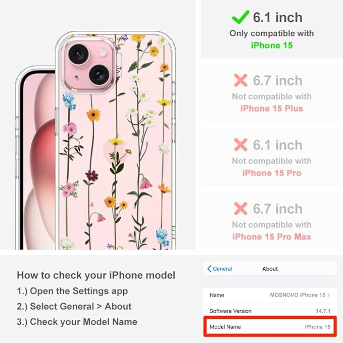 MOSNOVO Case for iPhone 15, [Buffertech 6.6ft Military-Grade Drop Protection] [Anti Peel Off Tech] Clear TPU Bumper Phone Case Cover Design - Wildflowers
