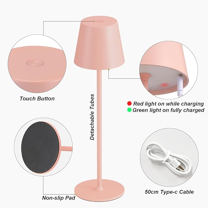 Kakanuo Cordless Table Lamp Rechargeable Pink - KK 2 Pack 5000mAH Battery Operated Lamp for Counter, 3 Color Stepless Dimming Wireless Lamp for Dining Kitchen, Outdoor Patio, Touch Control