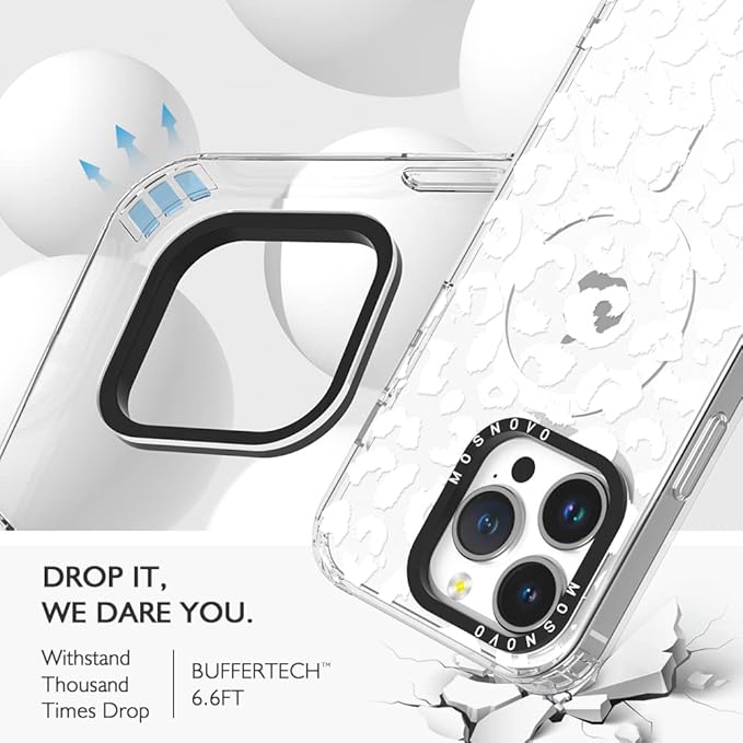 MOSNOVO Case for iPhone 14 Pro, [Buffertech 6.6ft Military-Grade Drop Protection] [Anti Peel Off Tech] Clear TPU Bumper Phone Case Cover Design - White Leopard Print