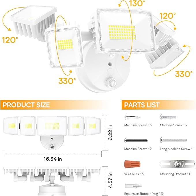 Onforu 120W 12000LM Dusk to Dawn Outdoor Lighting,5 Heads Flood Lights Outdoor,6500K Super Bright Automatic Outdoor Lighting,IP66 Waterproof Hardwired LED Security Lights for Garage,Yard,Outside