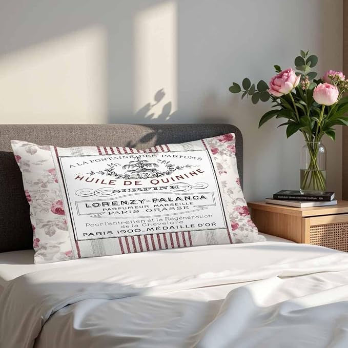 Huile De Quinine Vintage French 12 X 20 Pillow Covers Elegance Fountain Pink Rose Wreath Floral Striped Set of 2 Pillow Cases Outdoor Pillowcases Decorative Home Bed Sofa Couch Hotel