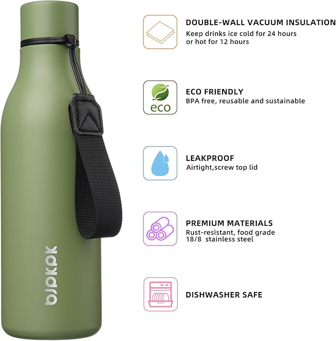 BJPKPK Insulated Water Bottles, 18 oz Stainless Steel Metal Water Bottle with Strap, BPA Free Leak Proof Jugs, Mugs, Flasks, Reusable Thermal Flasks for Sports & Travel, Forest Green