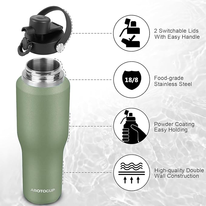 ABOTOCUP Insulated Water Bottle 32oz with Straw/Spout Lids, Stainless Steel Water Bottles Keep Cold 24h&Hot 12h, Metal Water Bottle with Straw that Fits in Cup Holder, Water Bottle Leak-proof,BPA Free