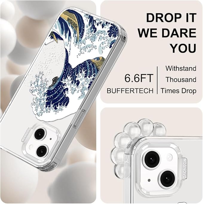 MOSNOVO for iPhone 13/14 Case | Military Grade 6.6ft Drop Tested | Clear with Great Wave Design