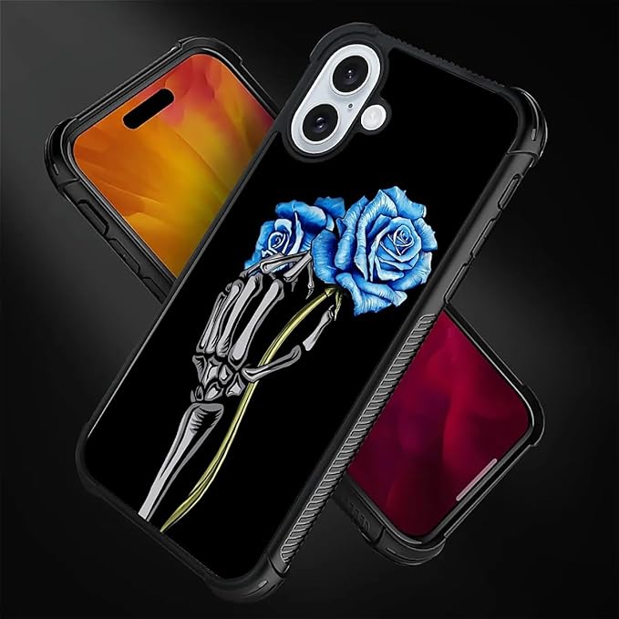 for iPhone 16 Case, Skeleton Holding Blue Rose Pattern Graphic Design Girl Boy Soft Silicone Hard Acrylic Shock Protection for iPhone 16