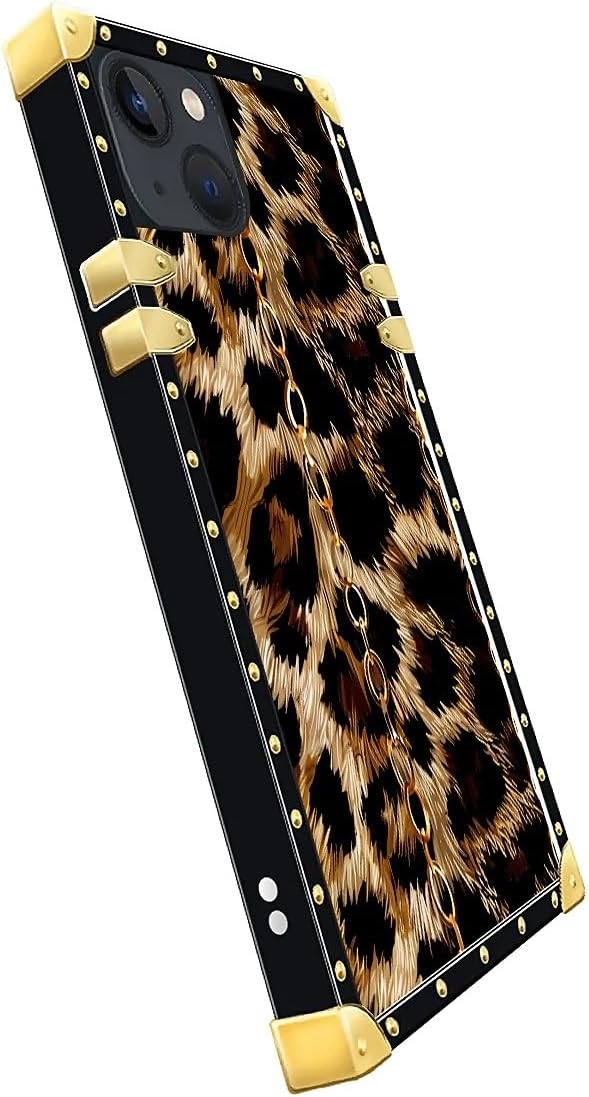 Compatible with iPhone 15 Case, Seamless Gold Chain Leopard Luxury Golden Decoration for Girl Women Soft TPU Shockproof Protective Hard PC Back for iPhone 15