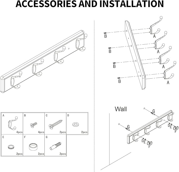 Badiano Wooden Coat Rack, Wall-Mounted Organizer for Closet, Entryway, Hallway, Foyer, Bedroom, Heavy Duty Double Hooks for Hanging Towels, Bags, Hats, Jackets, Key (White, 4 Hooks)