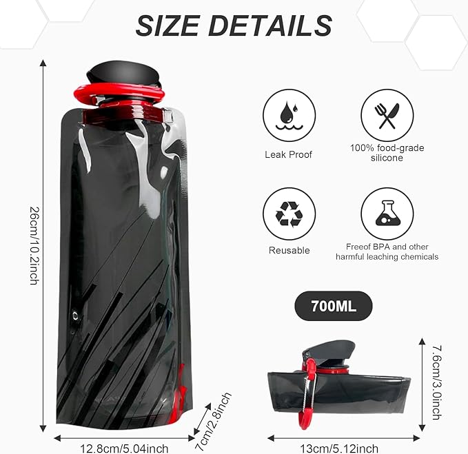 4 Pack 700 ml Collapsible Water Bottle,Portable Leakproof Bag for Drinking Foldable Flat Water Bottles for Camping Traveling Biking Hiking