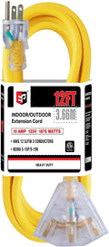 EP 12 Ft 12 Gauge Heavy Duty Extension Cord, 15A 125V 1875W, 3 Outlet Indoor/Outdoor Power Cord with Lighted End, 12/3 SJTW Weatherproof Yellow