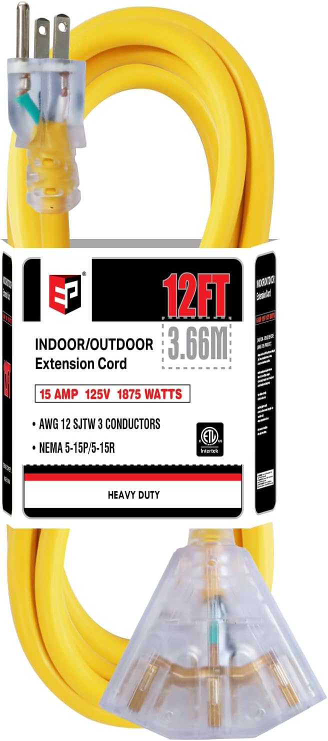 EP 12 Ft 12 Gauge Heavy Duty Extension Cord, 15A 125V 1875W, 3 Outlet Indoor/Outdoor Power Cord with Lighted End, 12/3 SJTW Weatherproof Yellow