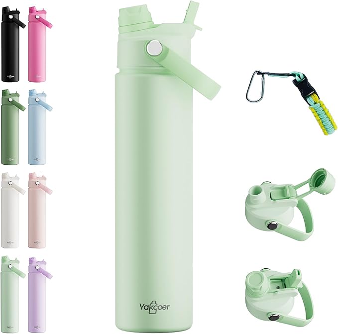 26oz Insulated Water Bottle with 2-in-1 Straw and Spout Lid, 304 Stainless Steel Water Bottle Keep Cold for 24H,Leak-Proof,Sports Water Bottle with Braided Carry Strap for Travel,Outdoors, Mint Green