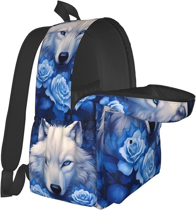 cfpolar 17 Inch Backpack Blue Rose Wolf Laptop Bag Shoulder Bag School Bookbag Casual Daypack For Boys Girls