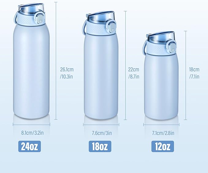 Insulated Water Bottle 24 oz with Dustproof Lid, Carry Handle & Tea Infuser, BPA-Free & Leakproof, Stainless Steel Water Bottles Ideal for Fitness, Hiking, Office & Outdoor Use （Light Blue ）