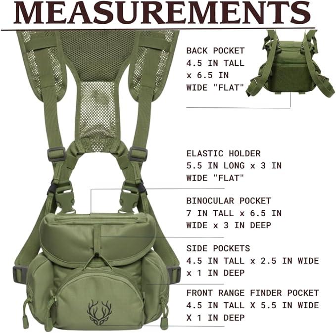 Binocular Harness Chest Pack - Lightweight Bino Harness with Rangefinder Pouch, Silent Hunting Chest Rig and Binocular Case w/ MOLLE system, Veteran Owned Gear, Green