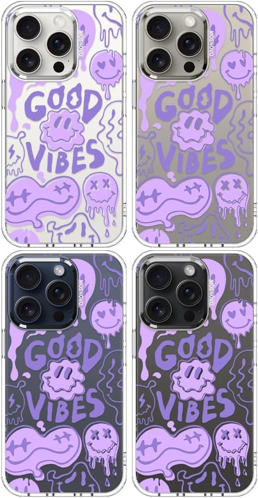 MOSNOVO Case for iPhone 15 Pro, [Buffertech 6.6ft Military-Grade Drop Protection] [Anti Peel Off Tech] Clear TPU Bumper Phone Case Cover Design - Good Vibes