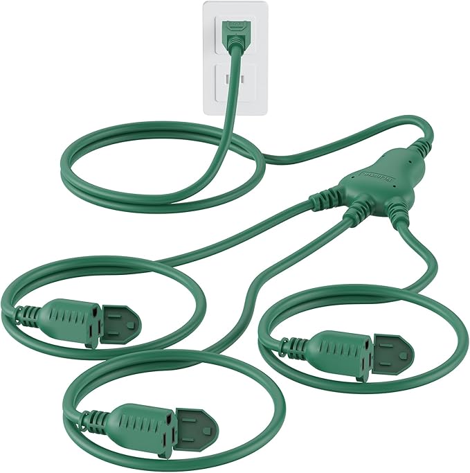 PLUGTUL 12FT Outdoor Extension Cord with Multiple Outlets, 1 to 3 Splitter Max 6FT End to Male Plug (Total 12FT) 16/3 SJTW Waterproof Power Cord for Halloween Christmas, ETL Listed, Green