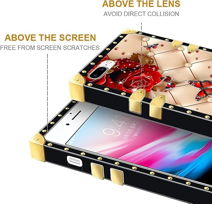 Compatible with iPhone 8 7 SE Case, Shining Red Rose Butterfly Leather Background Luxury Golden Decoration for Girl Women Soft TPU Shockproof Protective Hard PC Back for iPhone 8 7 SE