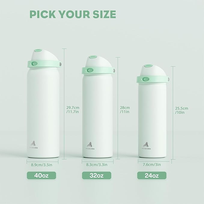 POWCAN 40 oz Metal Water Bottle with Straw for School: One-hand Push Button Lid, Leakproof, Keep Cold 24Hrs, BPA-Free, Insulated Stainless Steel Flask for College, Sports, Gym, Workouts (Mint Green)