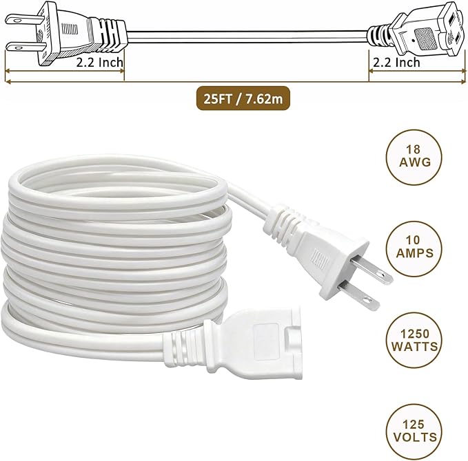 25 FT 2 Prong Extension Cord, 18AWG SPT-2 Indoor Male to Female Power Cord ETL Listed Extra Long Extension Cords, Flexible & Thin Design for Home Office Use, 10A 1250W, Polarized Plug, White