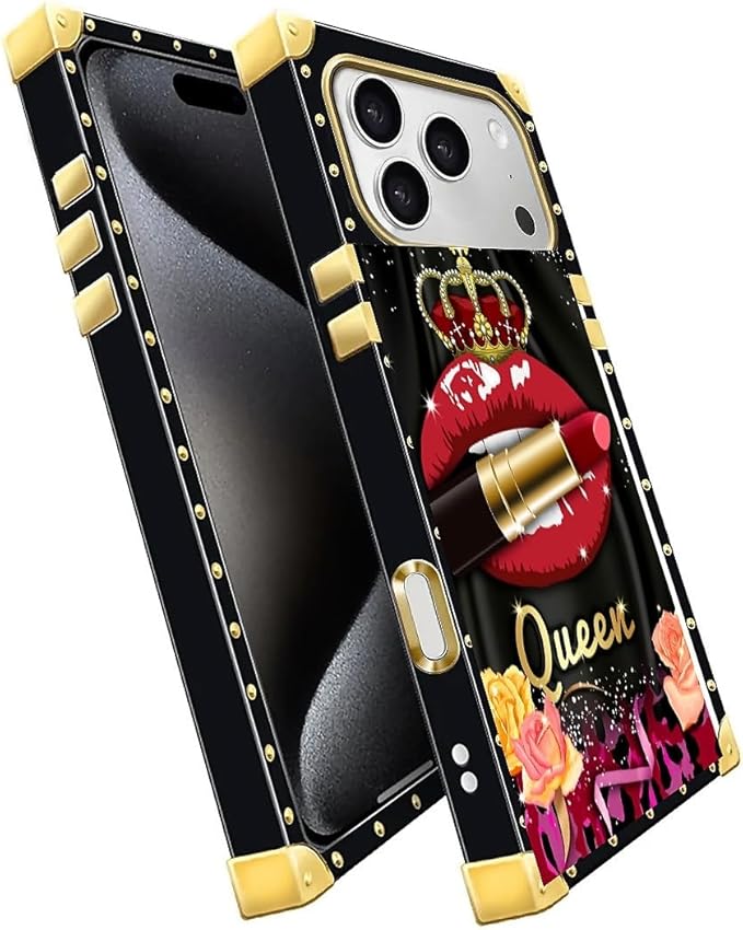 for iPhone 17 Pro Max Case Luxury Golden Decoration for Girl Women Soft TPU Shockproof Protective Hard PC Back for iPhone 17 Pro Max Crazy Pattern Queen Lip Crown Leopard Print