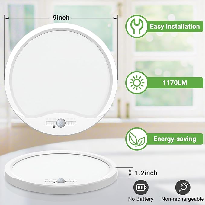 zemty 9inch Motion Sensor Ceiling Lights Wired,18W 1800lm 3CCT/3 Mode/30-120s Timer, Bright White LED Flush Mount Light Fixture Motion Activated for Closet Pantry Hallways Stairwells Garage