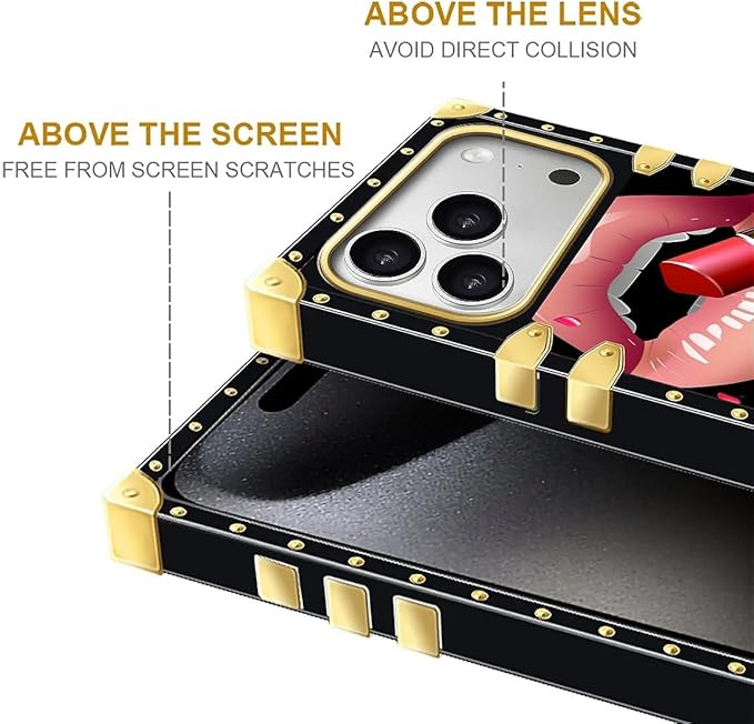 for iPhone 17 Pro Case Luxury Golden Decoration for Girl Women Soft TPU Shockproof Protective Hard PC Back for iPhone 17 Pro Crazy Pattern Glitter Red Rose Queen Leopard Lipstick