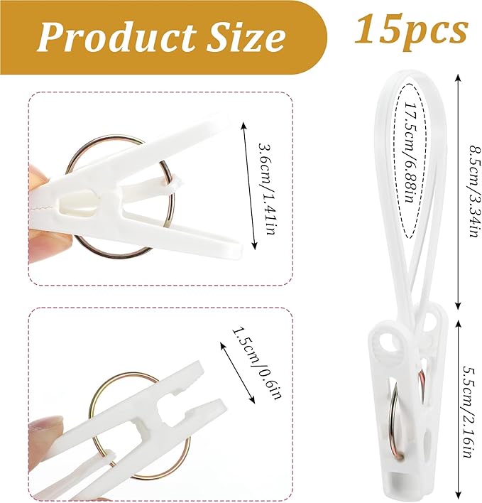 15 Pack Laundry Hooks with Rope, Multi-Purpose Clothes Pins & Hanging Clips for Closet Organizer, Windproof Drying Rack Accessories for Pants, Socks, Bras, Towels, Hats, Baby Clothes (White)